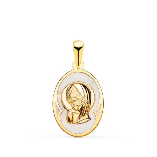 18K MEDALLA ORO AMARILLO OVAL CON NACAR BLANCO Y VIRGEN NIÑA 17 X 12 MM 1
