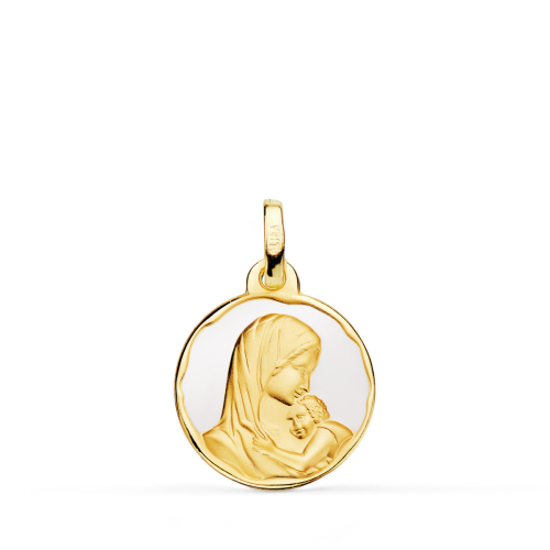 18K MEDALLA ORO AMARILLO VIRGEN MADRE AMOR MATERNAL ESMALTE BLANCO 16 MM 1