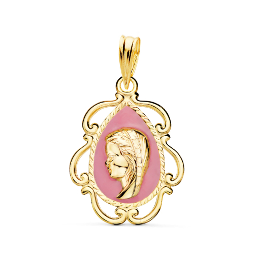 18K MEDALLA ORO AMARILLO VIRGEN NIÑA ESMALTE ROSA Y CERCO CALADO EN BRILLO 22X16 MM 0