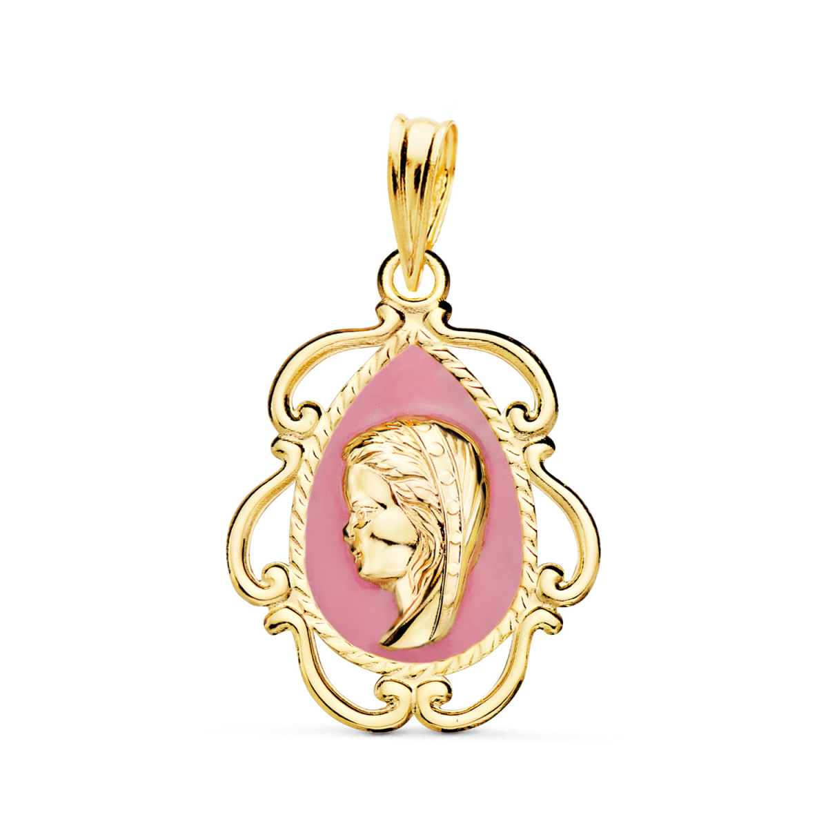 18K MEDALLA ORO AMARILLO VIRGEN NIÑA ESMALTE ROSA Y CERCO CALADO EN BRILLO 22X16 MM 0