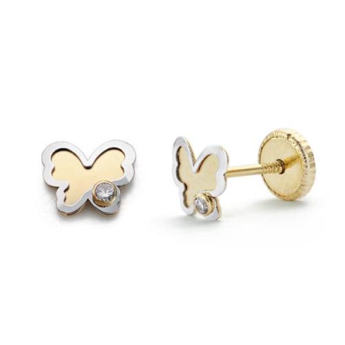 18K PENDIENTES ORO BICOLOR MARIPOSA CIRCONITA 5 MM CIERRE TUERCA 0