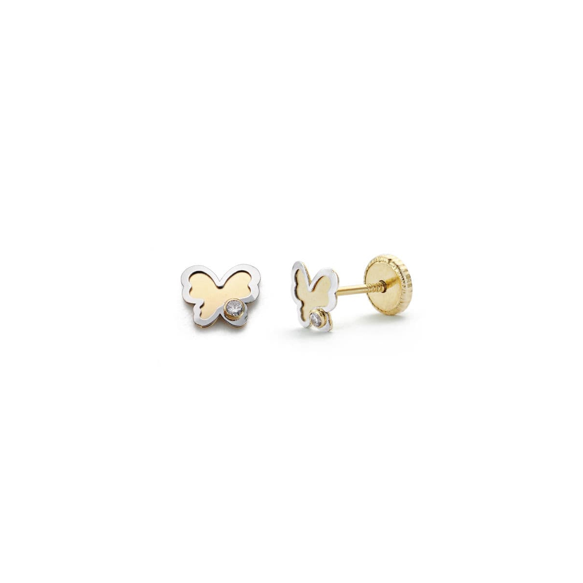 18K PENDIENTES ORO BICOLOR MARIPOSA CIRCONITA 5 MM CIERRE TUERCA 0