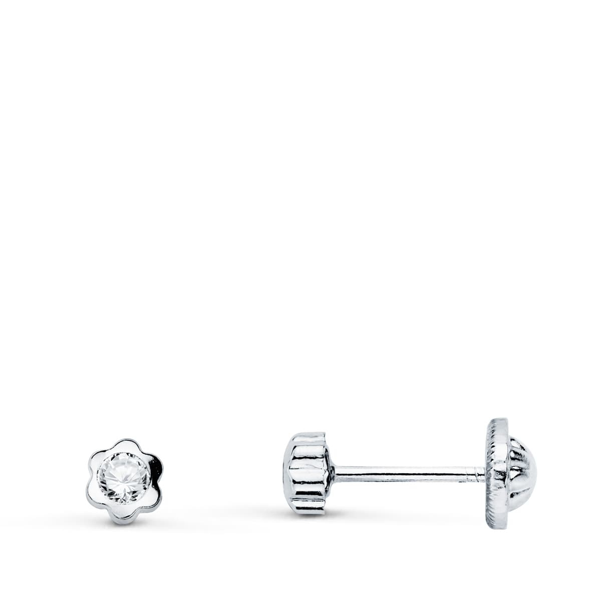 18K PENDIENTES ORO BLANCO FLOR CON CIRCONITA 3.5X3.5 MM CIERRE TUERCA 0