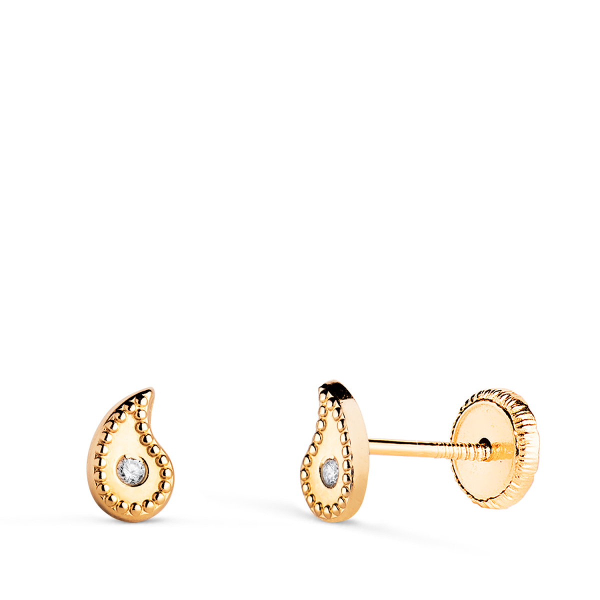 18K PENDIENTES ORO AMARILLO GOTA CURVA CON CIRCONITAS Y BORDES BOLITAS. MEDIDA: 6 X 4 MM.CIERRE TUERCA 0