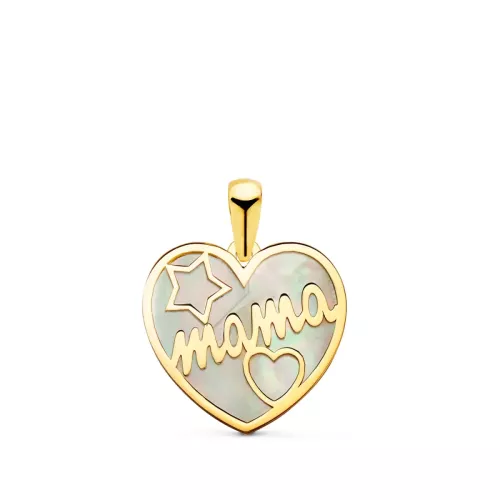 18K COLGANTE CORAZON ORO AMARILLO CON NACAR MAMA Y DIBUJO DE ESTRELLA Y CORAZON 16X14MM 0