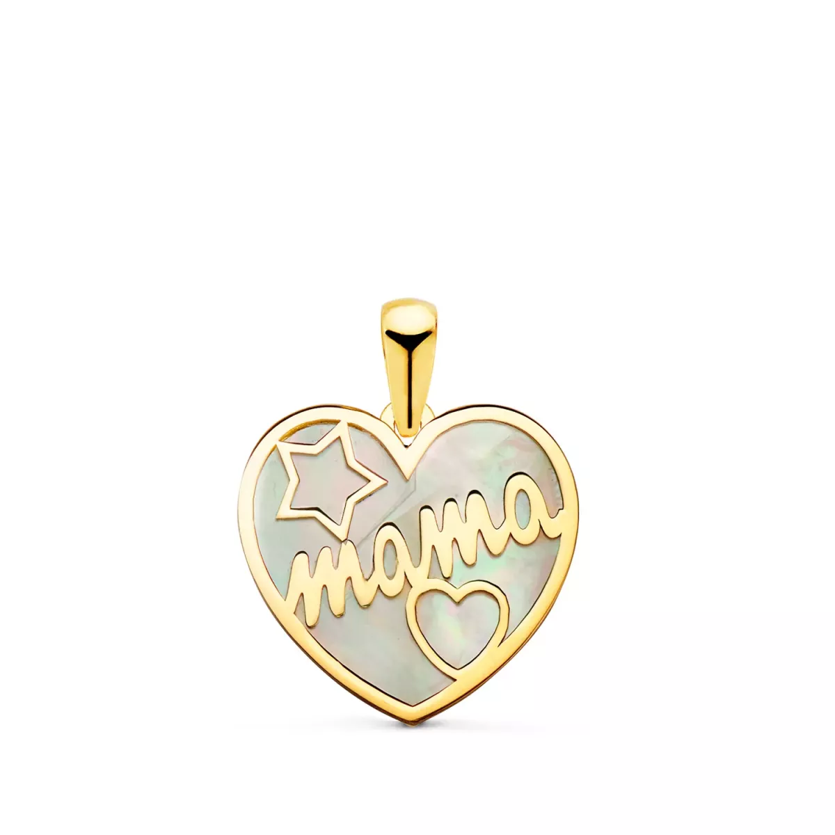 18K COLGANTE CORAZON ORO AMARILLO CON NACAR MAMA Y DIBUJO DE ESTRELLA Y CORAZON 16X14MM 0