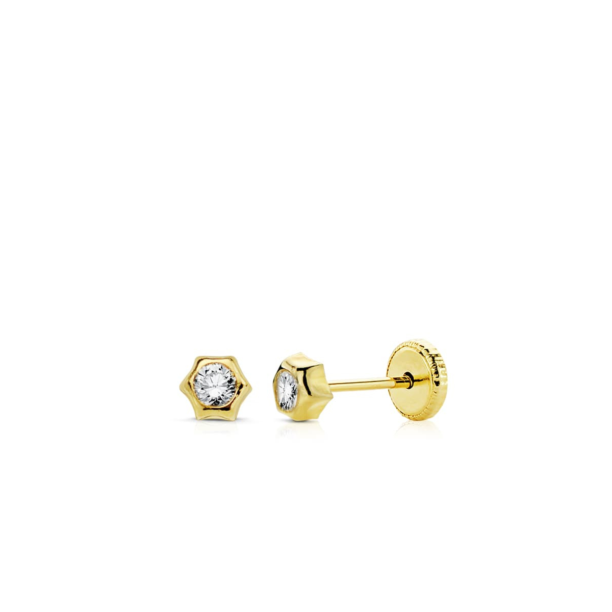 18K PENDIENTES ORO AMARILLO SOL CIRCONITA 4 MM CIERRE TUERCA 0