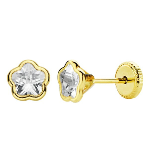 18K PENDIENTES ORO AMARILLO FLOR CIRCONITA 5X5 MM CIERRE TUERCA 0