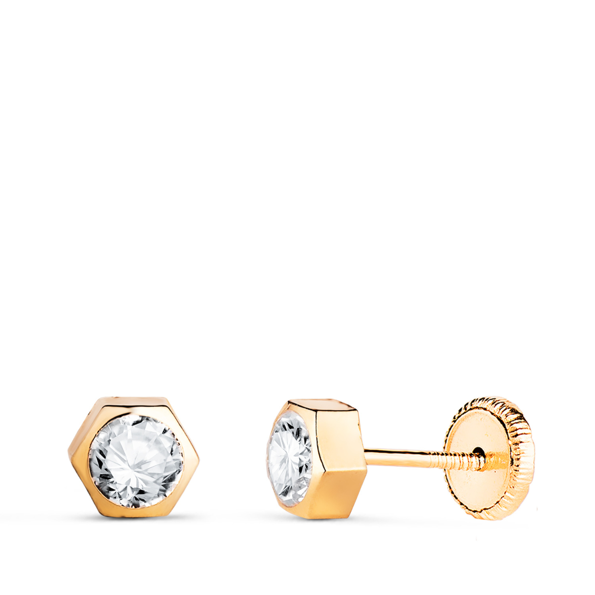 18K PENDIENTES ORO AMARILLO HEXAGONO CON CIRCONITA. MEDIDA: 5 X 4