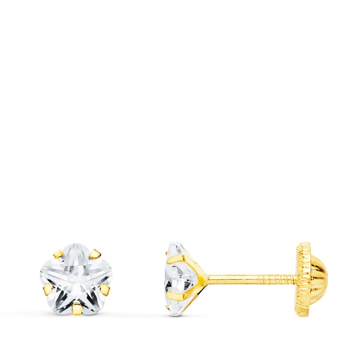 18K PENDIENTES ORO AMARILLO CIRCONITA FLOR 5X5 MM CIERRE TUERCA 0
