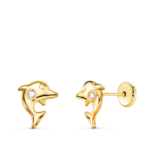 18K PENDIENTES ORO AMARILLO DELFIN CON CIRCONITA 5.5 X 4 MM CIERRE TUERCA 0