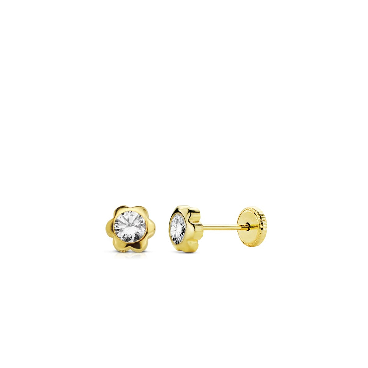 18K PENDIENTES ORO AMARILLO MARGARITA CIRCONITA 5 MM CIERRE TUERCA 0