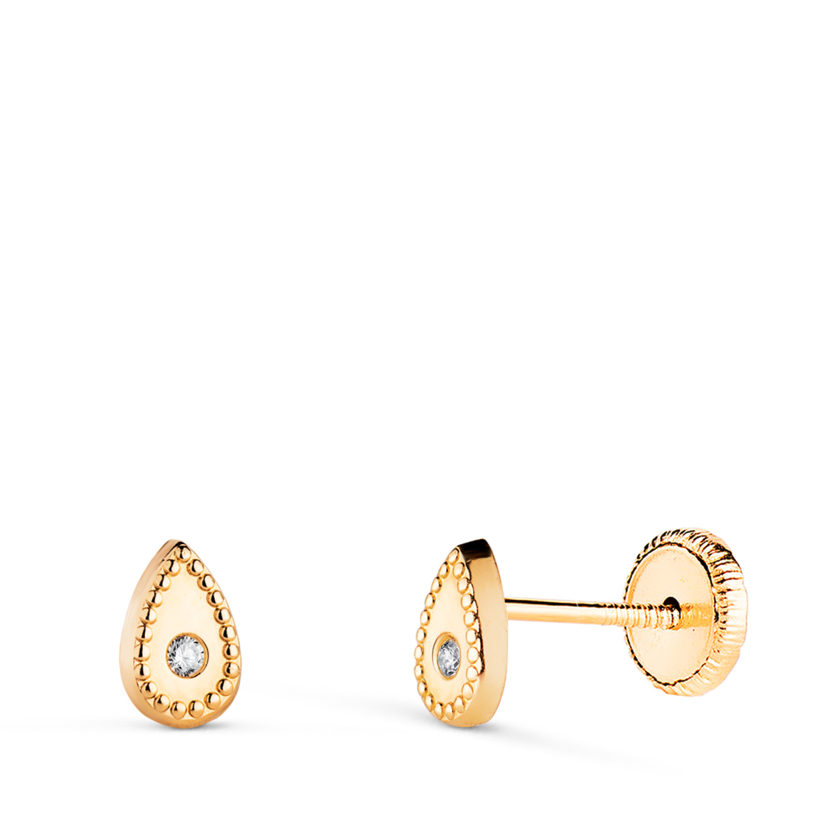 18K PENDIENTES ORO AMARILLO GOTA CON CIRCONITAS Y BORDES BOLITAS. MEDIDA: 6 X 4 MM. CIERRE TUERCA 0