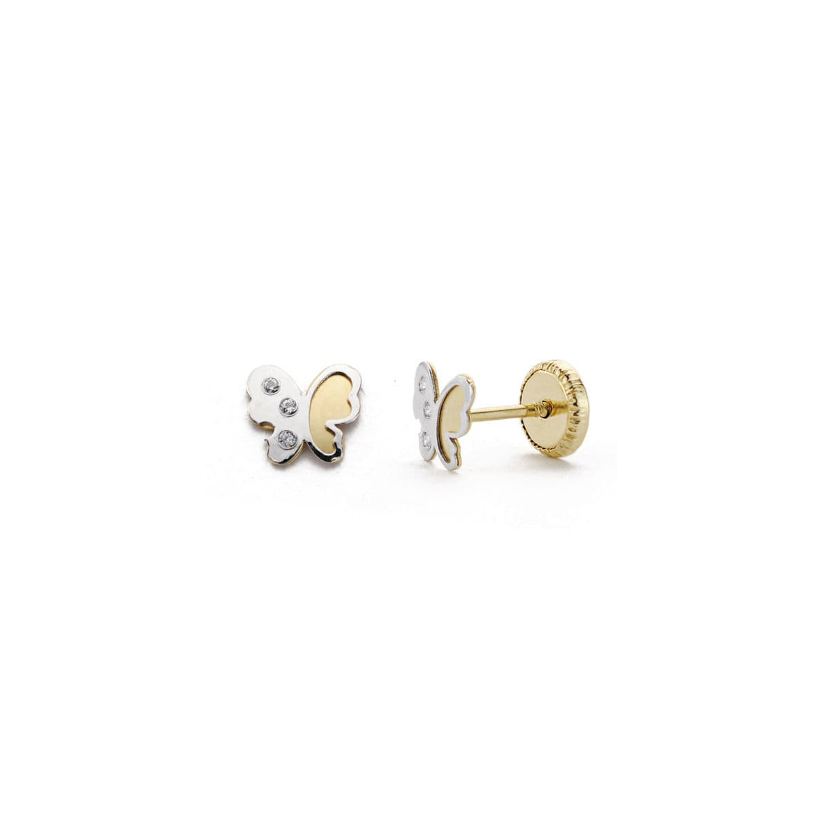 18K PENDIENTES ORO BICOLOR MARIPOSA CIRCONITA 5 MM CIERRE TUERCA 0