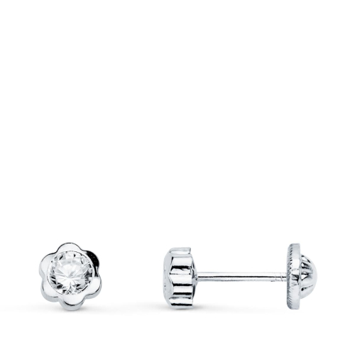 18K PENDIENTES ORO BLANCO FLOR CON CIRCONITA 5X5 MM CIERRE TUERCA 0