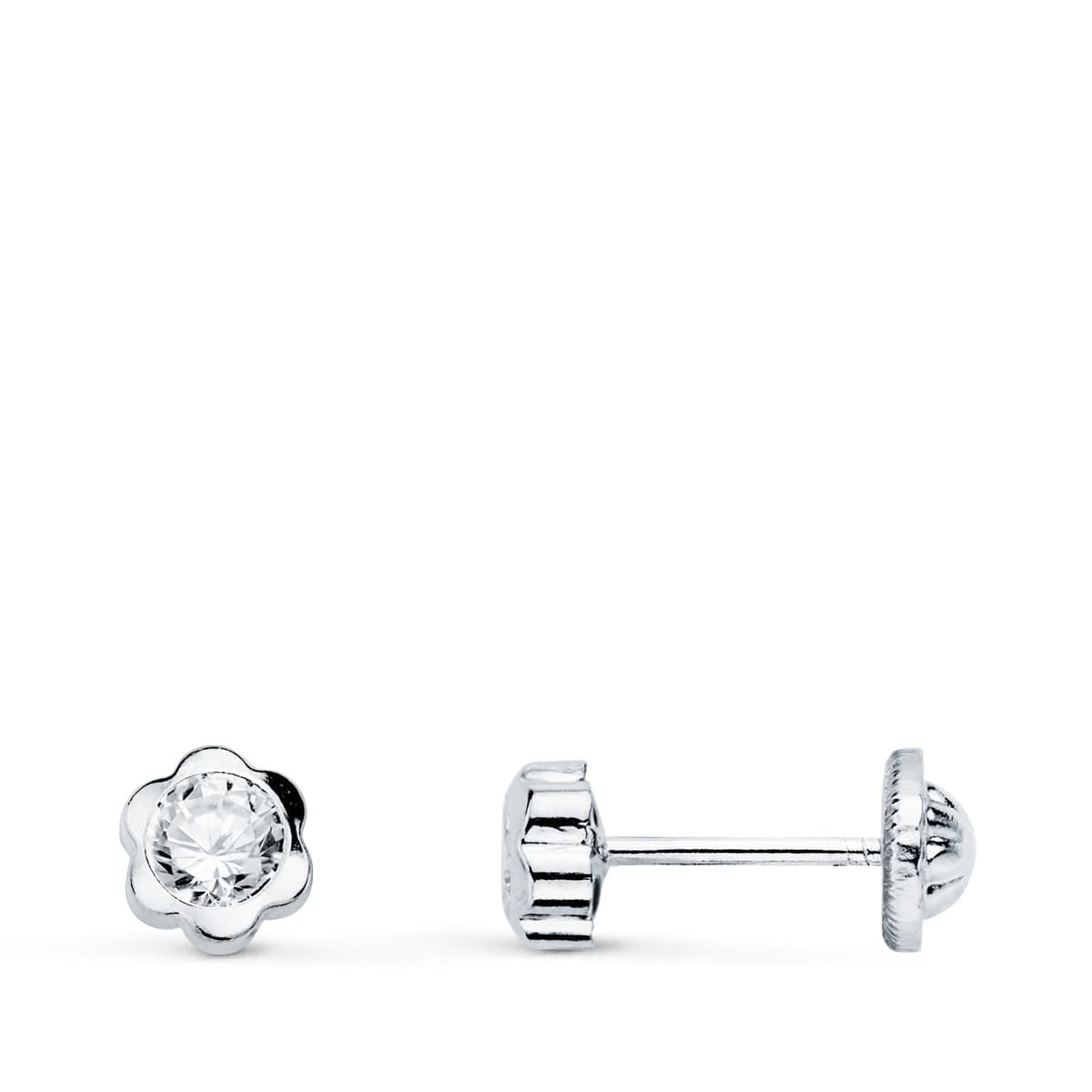 18K PENDIENTES ORO BLANCO FLOR CON CIRCONITA 5X5 MM CIERRE TUERCA 0