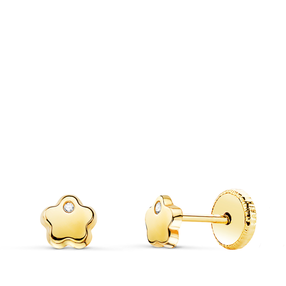 18K PENDIENTES ORO AMARILLO FLOR CON CIRCONITA BRILLO 5X5 MM. CIERRE TUERCA 0