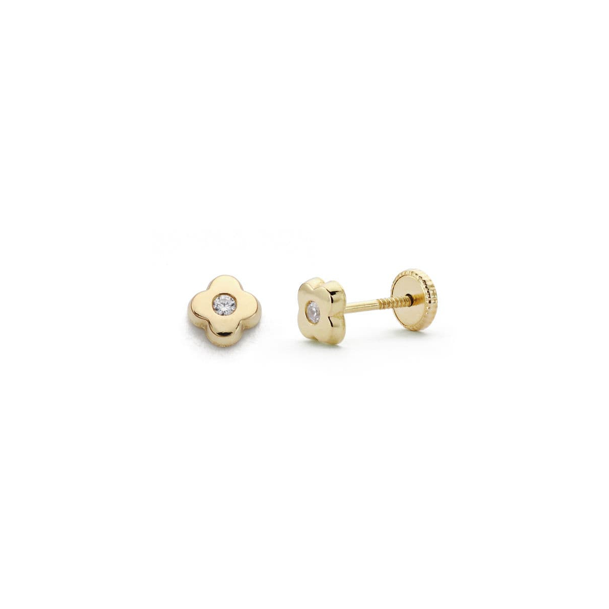 18K PENDIENTES ORO AMARILLO TUERCA TREBOL CIRCONITA 5 MM 0