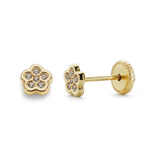 18K PENDIENTES ORO AMARILLO FLOR CIRCONITA TUERCA 4.5 MM CIERRE TUERCA 0
