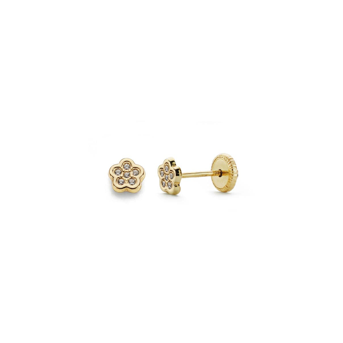 18K PENDIENTES ORO AMARILLO FLOR CIRCONITA TUERCA 4.5 MM CIERRE TUERCA 0