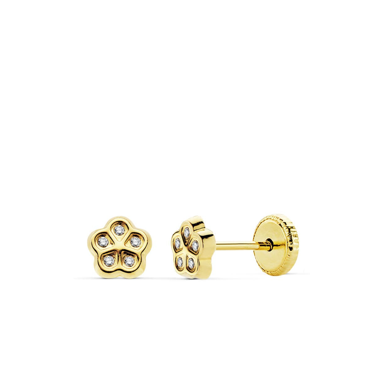 18K PENDIENTES ORO AMARILLO FLOR CIRCONITA 5.5 MM CIERRE TUERCA 0
