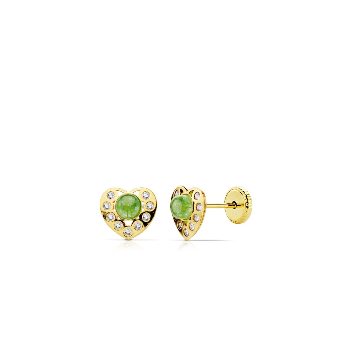 18K PENDIENTES ORO AMARILLO CORAZON PIEDRA VERDE Y CIRCONITA TUERCA 0