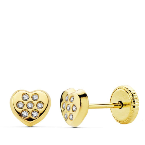 18K PENDIENTES ORO AMARILLO CORAZON CIRCONITA 5X5.5 MM CIERRE TUERCA 0