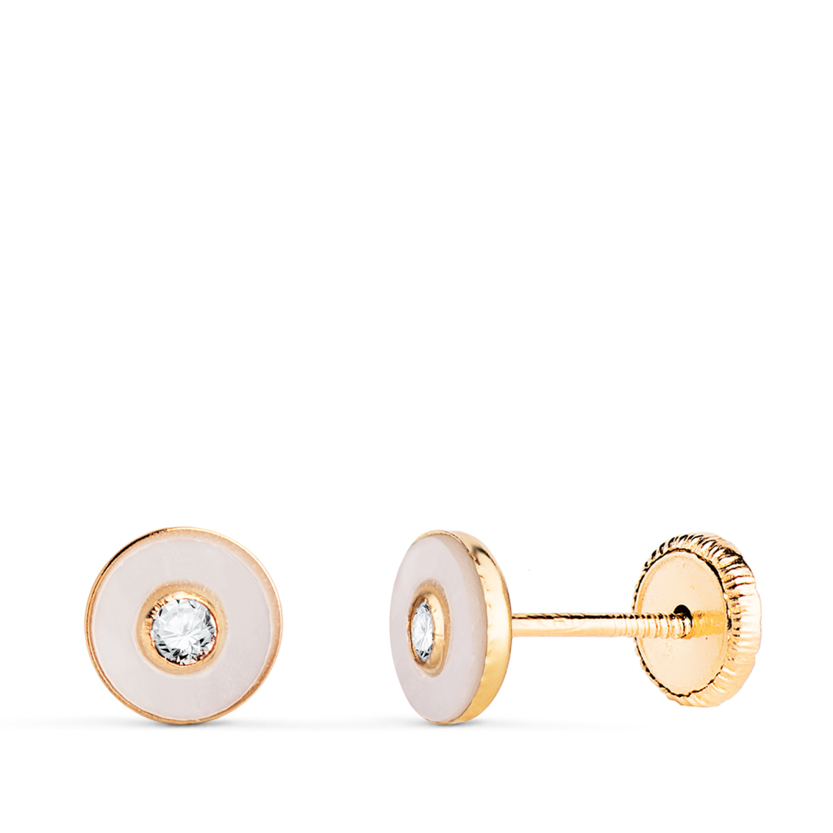 18K PENDIENTES ORO AMARILLO REDONDOS NACAR CON CIRCONITA. MEDIDA: 5