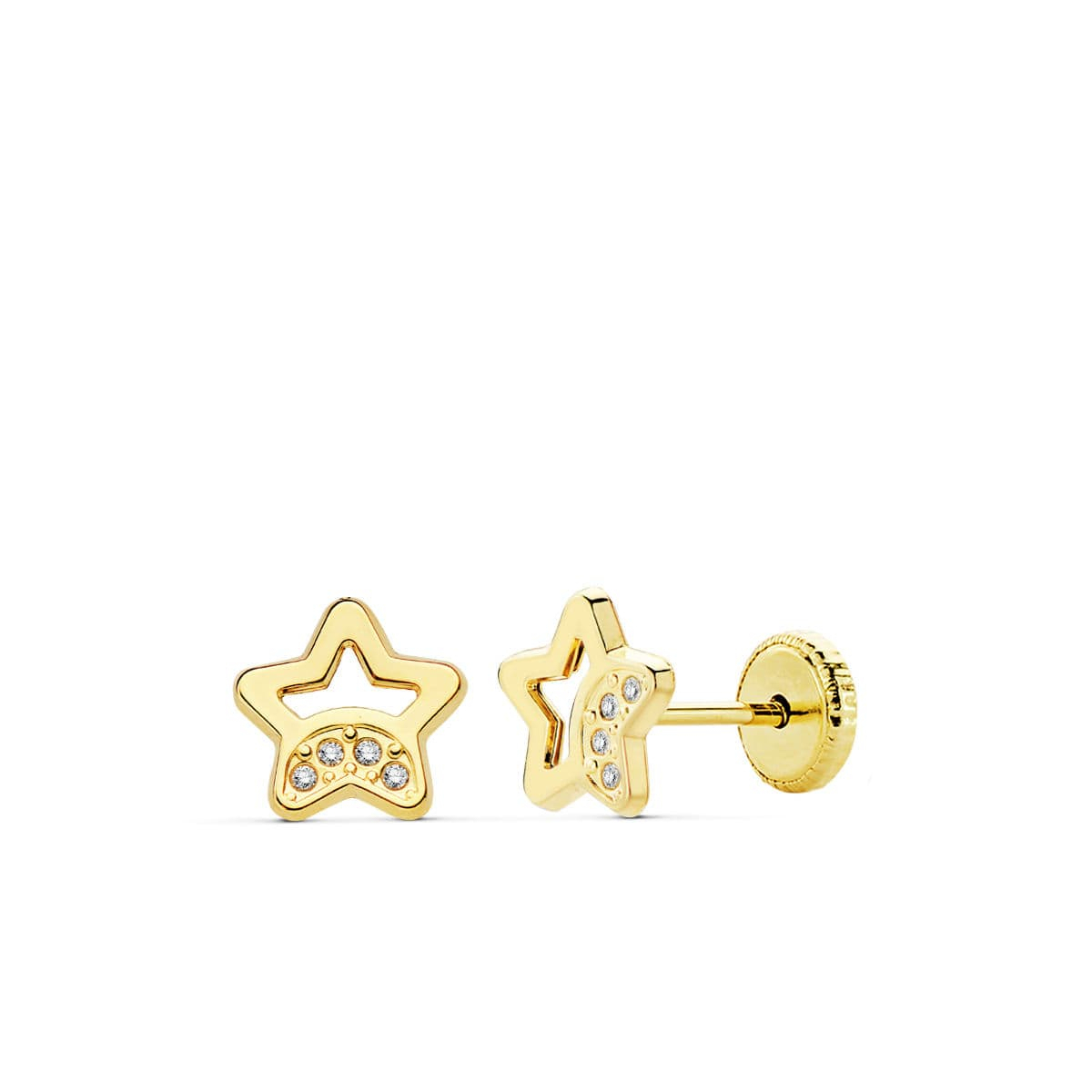18K PENDIENTES ORO AMARILLO ESTRELLA CIRCONITA 7 MM CIERRE TUERCA 0