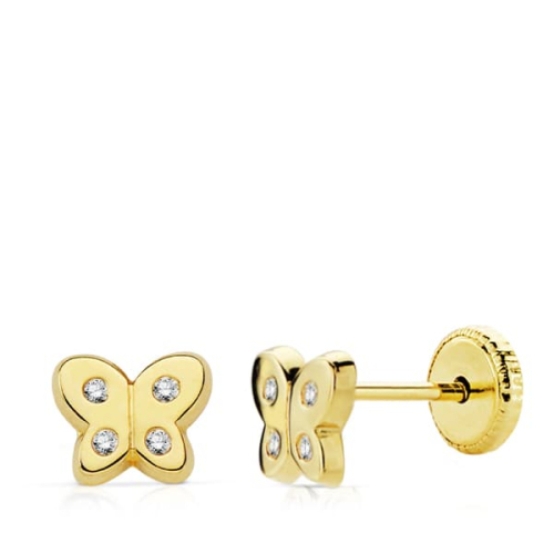 18K PENDIENTES ORO AMARILLO MARIPOSA CIRCONITA 6X5 MM CIERRE TUERCA 0