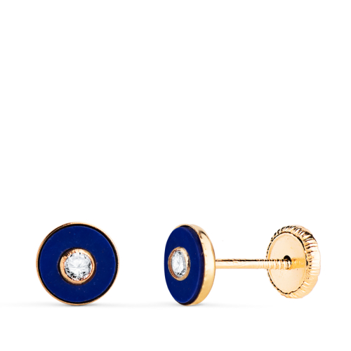 18K PENDIENTES ORO AMARILLO REDONDOS LAPIZLAZULI CON BOCEL CIRCONITA. MEDIDA: 5