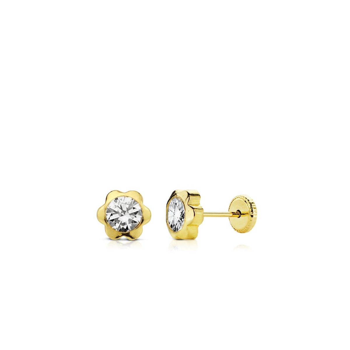 18K PENDIENTES ORO AMARILLO MARGARITA CIRCONITA 6 MM CIERRE TUERCA 0