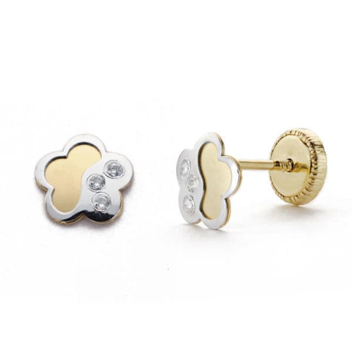 18K PENDIENTES ORO BICOLOR FLOR CIRCONITA 6 MM CIERRE TUERCA 0