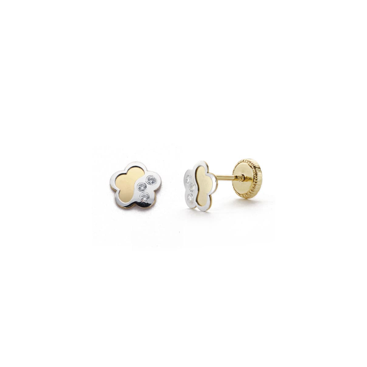 18K PENDIENTES ORO BICOLOR FLOR CIRCONITA 6 MM CIERRE TUERCA 0