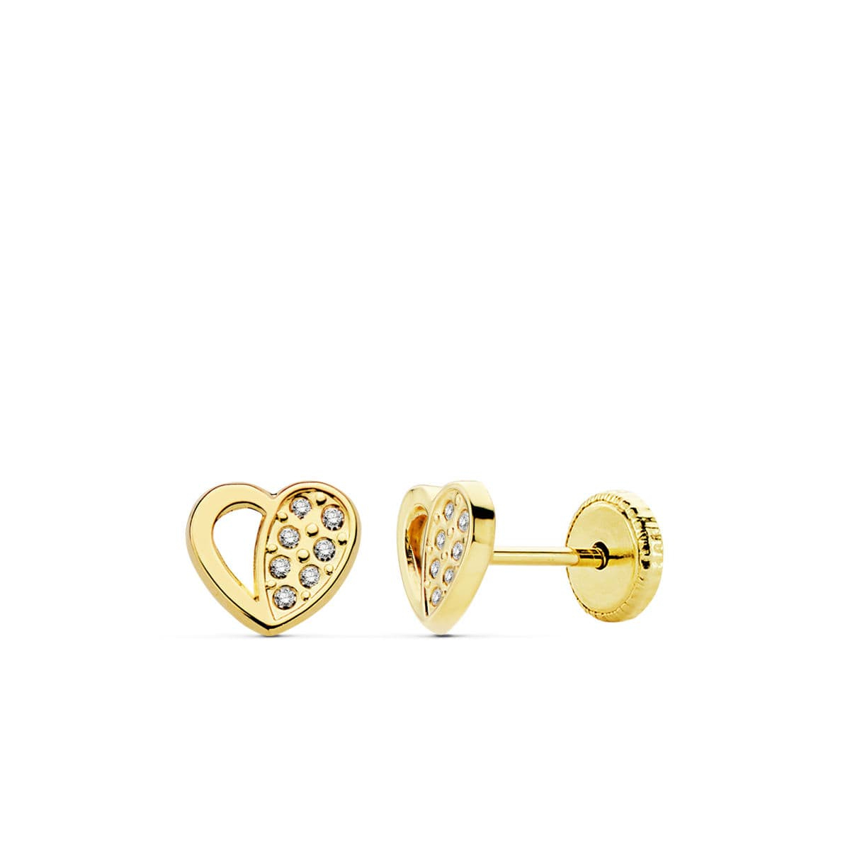 18K PENDIENTES ORO AMARILLO CORAZON CIRCONITA 7X6 MM CIERRE TUERCA 0
