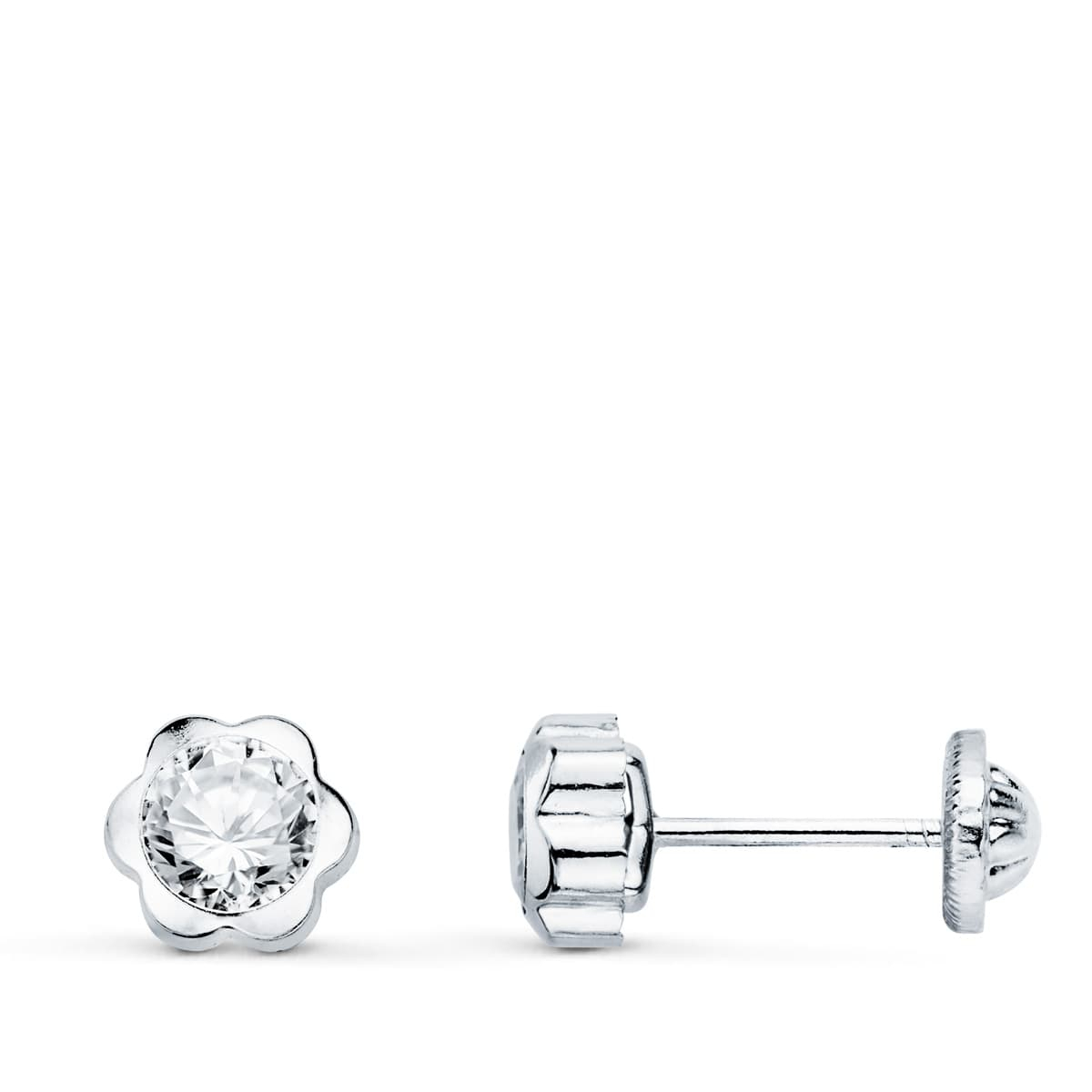 18K PENDIENTES ORO BLANCO FLOR CON CIRCONITA 6X6 MM CIERRE TUERCA 0