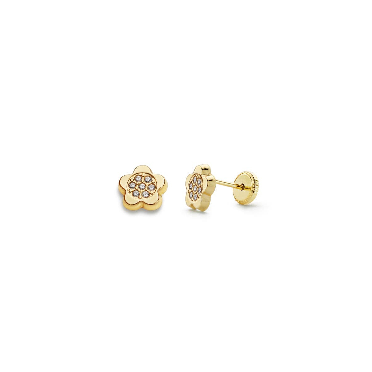 18K PENDIENTES ORO AMARILLO FLOR CIRCONITA 6X6 MM CIERRE TUERCA 0