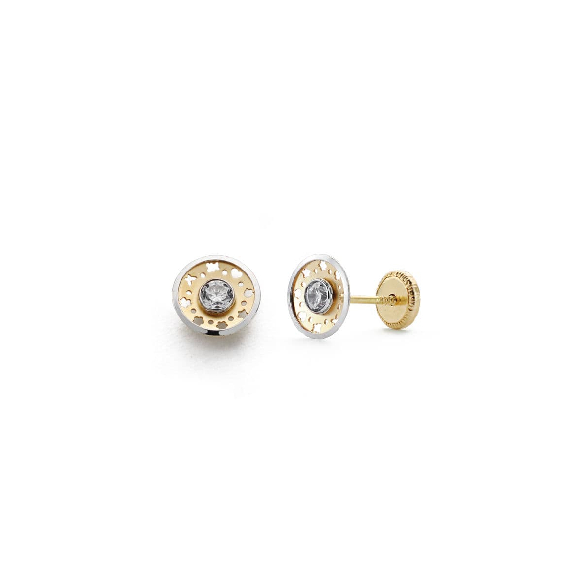 18K PENDIENTES ORO BICOLOR 6.5 MM CIRCONITA CIERRE TUERCA 0