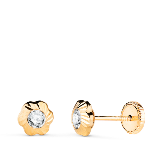 18K PENDIENTES ORO AMARILLO FLOR ORLA TALLADA CIRCONITA. MEDIDA: 5