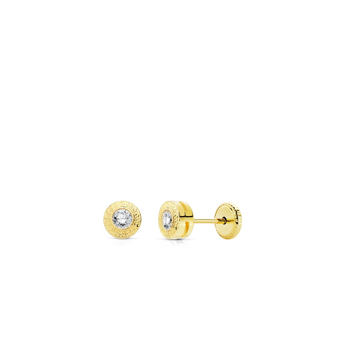 18K PENDIENTES ORO AMARILLO REDONDOS 5 MM CON GRECA Y CIRCONITA CIERRE TUERCA 0