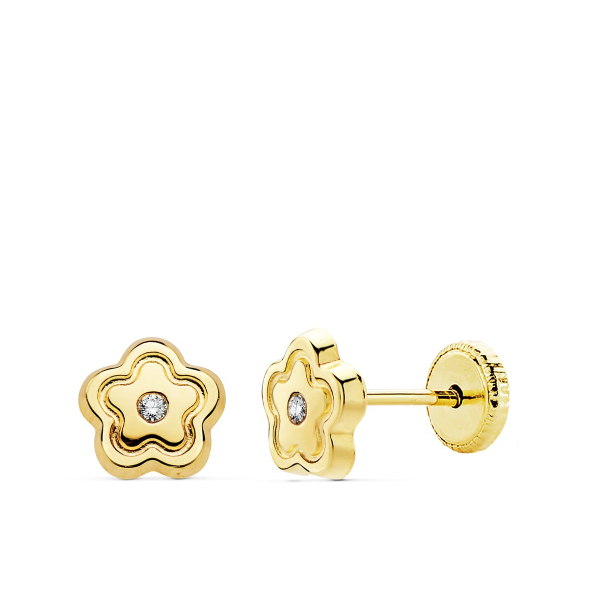 18K PENDIENTES ORO AMARILLO FLOR CIRCONITA 6X6 MM CIERRE TUERCA 0