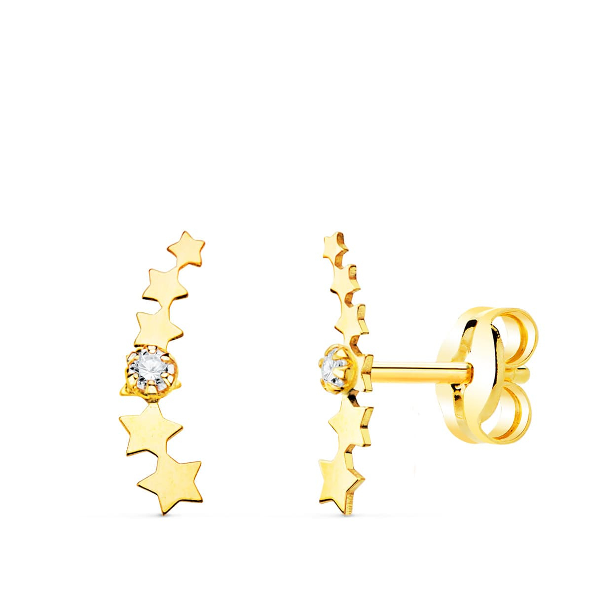 18K PENDIENTES ORO AMARILLO TREPADOR MINI ESTRELLAS CON CIRCONITA 10X2.5 MM CIERRE PRESION 0
