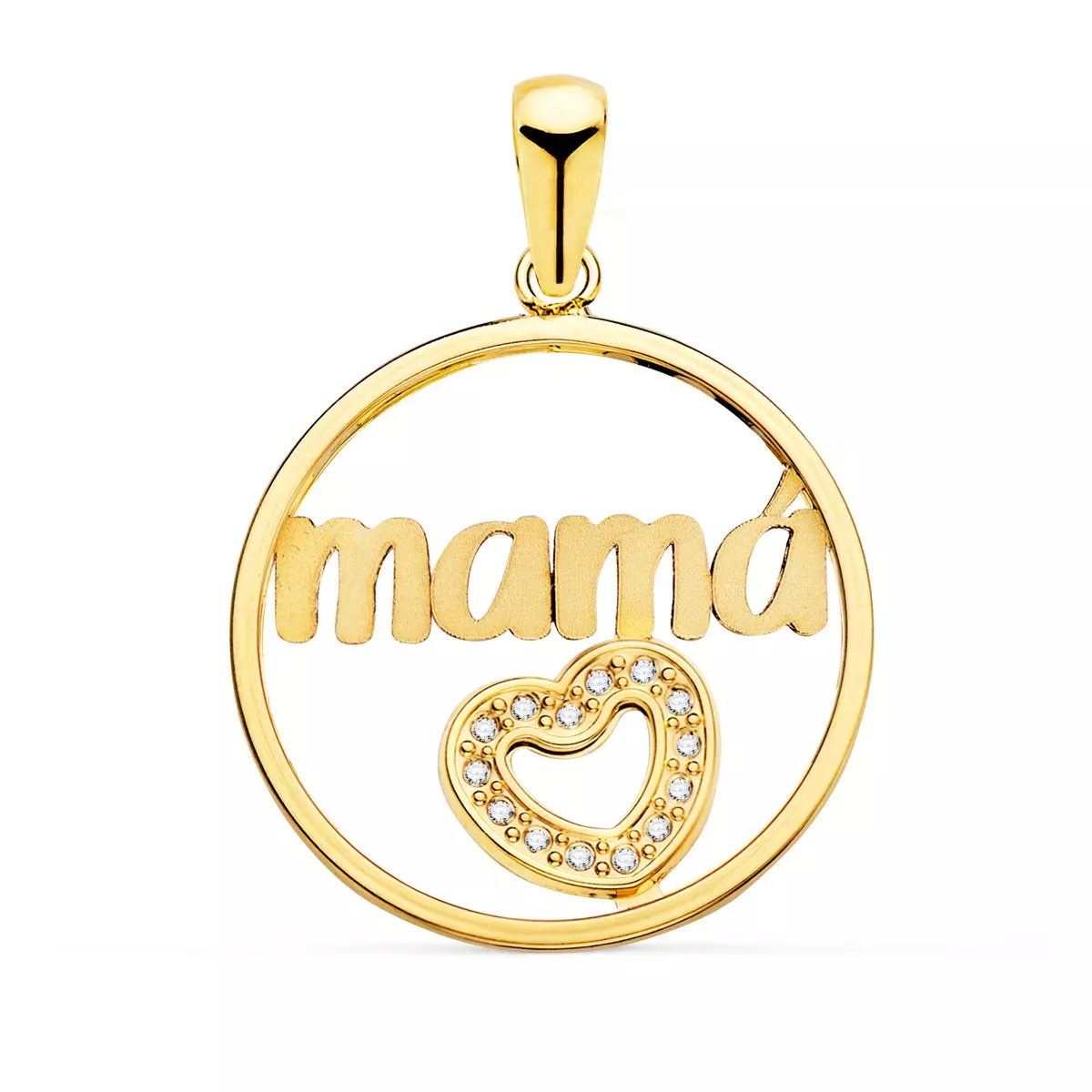18K COLGANTE ORO AMARILLO CORAZON DE CIRCONTIAS Y MAMA REDONDO 20 MM 0