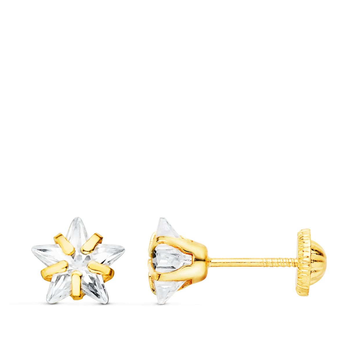 18K PENDIENTES ORO AMARILLO CIRCONITA ESTRELLA 6.5X6.5 MM CIERRE TUERCA 0