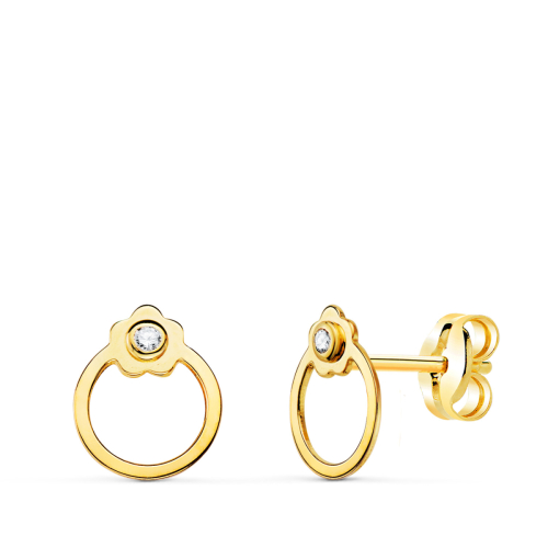 18K PENDIENTES ORO AMARILLO REDONDOS CON FLOR Y CIRCONITA. CIERRE PRESION 8 X 6 MM 0