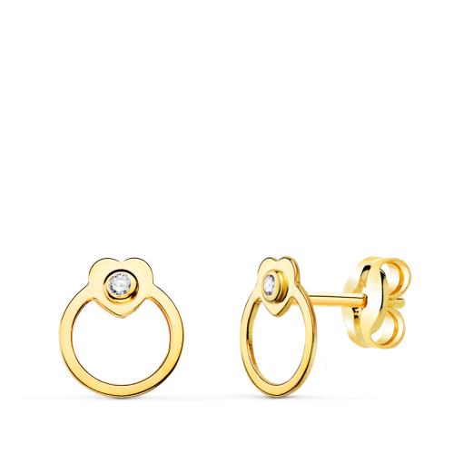 18K PENDIENTES ORO AMARILLO REDONDOS CON CORAZON Y CIRCONITA. CIERRE PRESION 7 X 6 MM 0