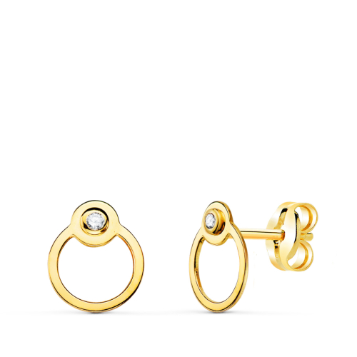 18K PENDIENTES ORO AMARILLO REDONDOS CON CIRCULO Y CIRCONITA. CIERRE PRESION 7 X 6 MM 0