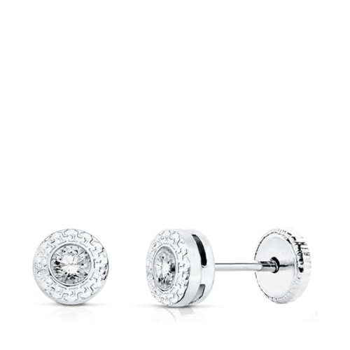 18K PENDIENTES ORO BLANCO CHATON CON GRECA Y CIRCONITA 3 MM CIERRE TUERCA 0