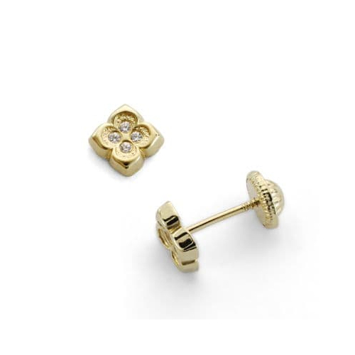 18K PENDIENTES ORO AMARILLO FLOR CIRCONITA 6X6 MM CIERRE TUERCA 0