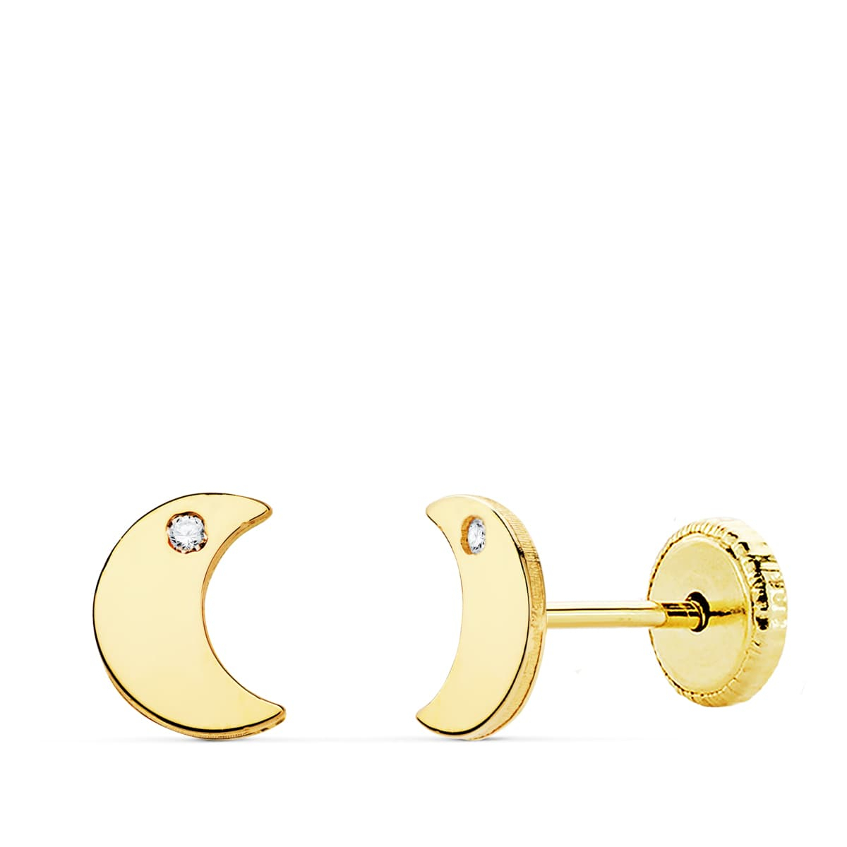 18K PENDIENTES ORO AMARILLO LUNA CIRCONITA 6.5X5 MM CIERRE TUERCA 0